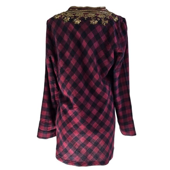 Soft Surroundings Webster Plaid Burgundy Black Beaded Sequin Neck Tunic - Picture 2 of 8